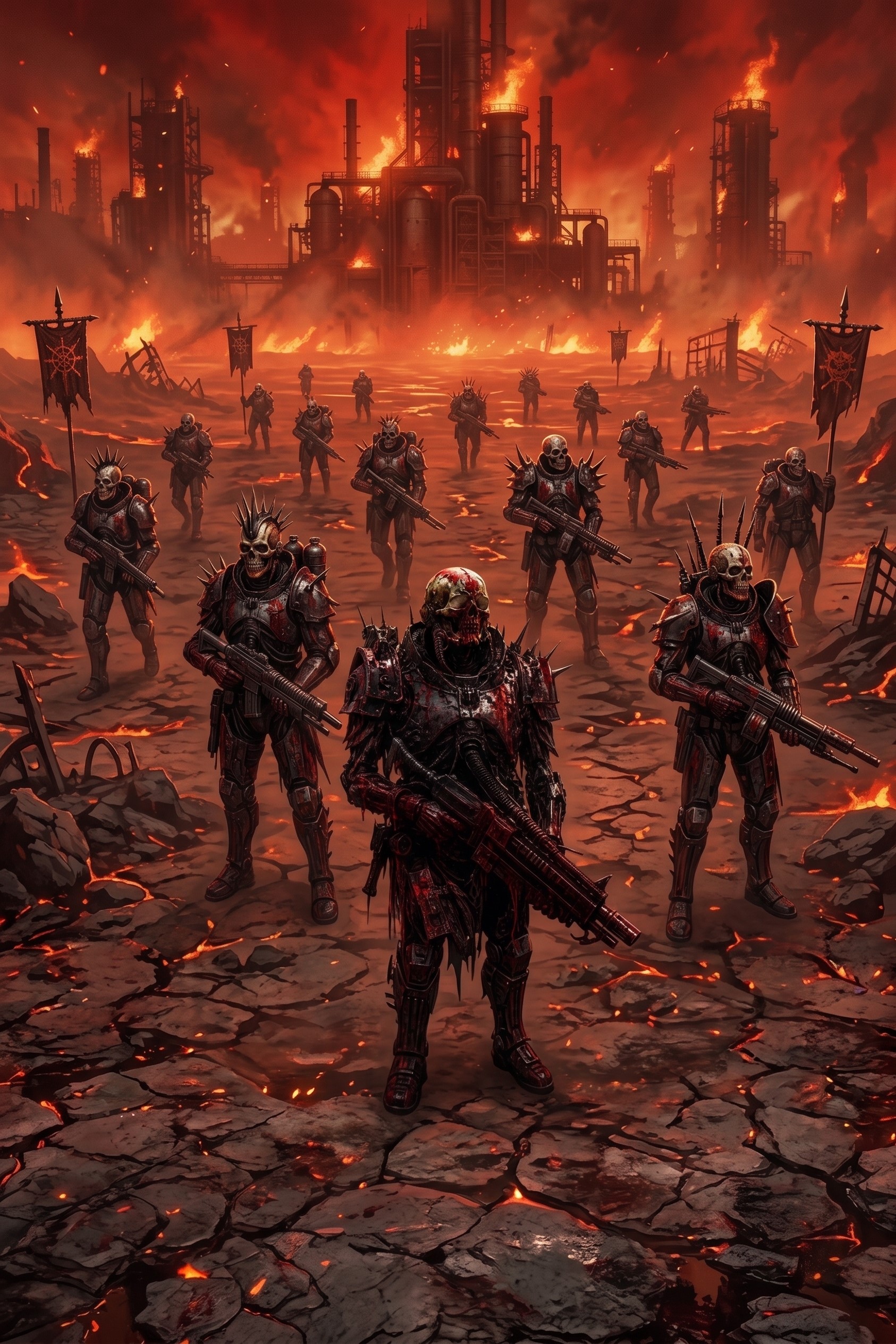 An organized company of skeletal soldiers deployed across a burning industrial battlefield