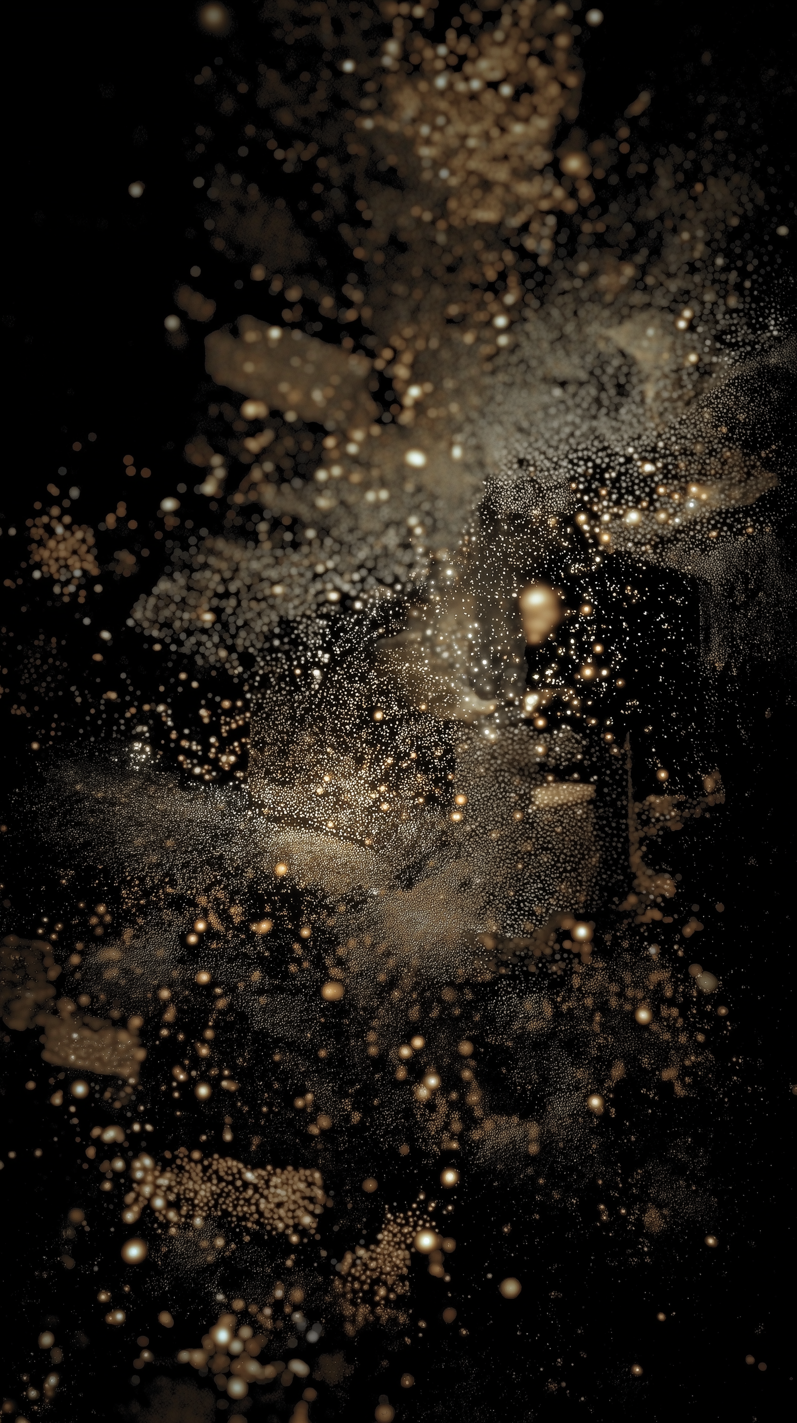 A human form dissolving into particles within darkness