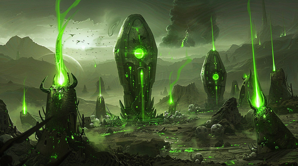 Dark monolithic structures emitting green light across a barren landscape